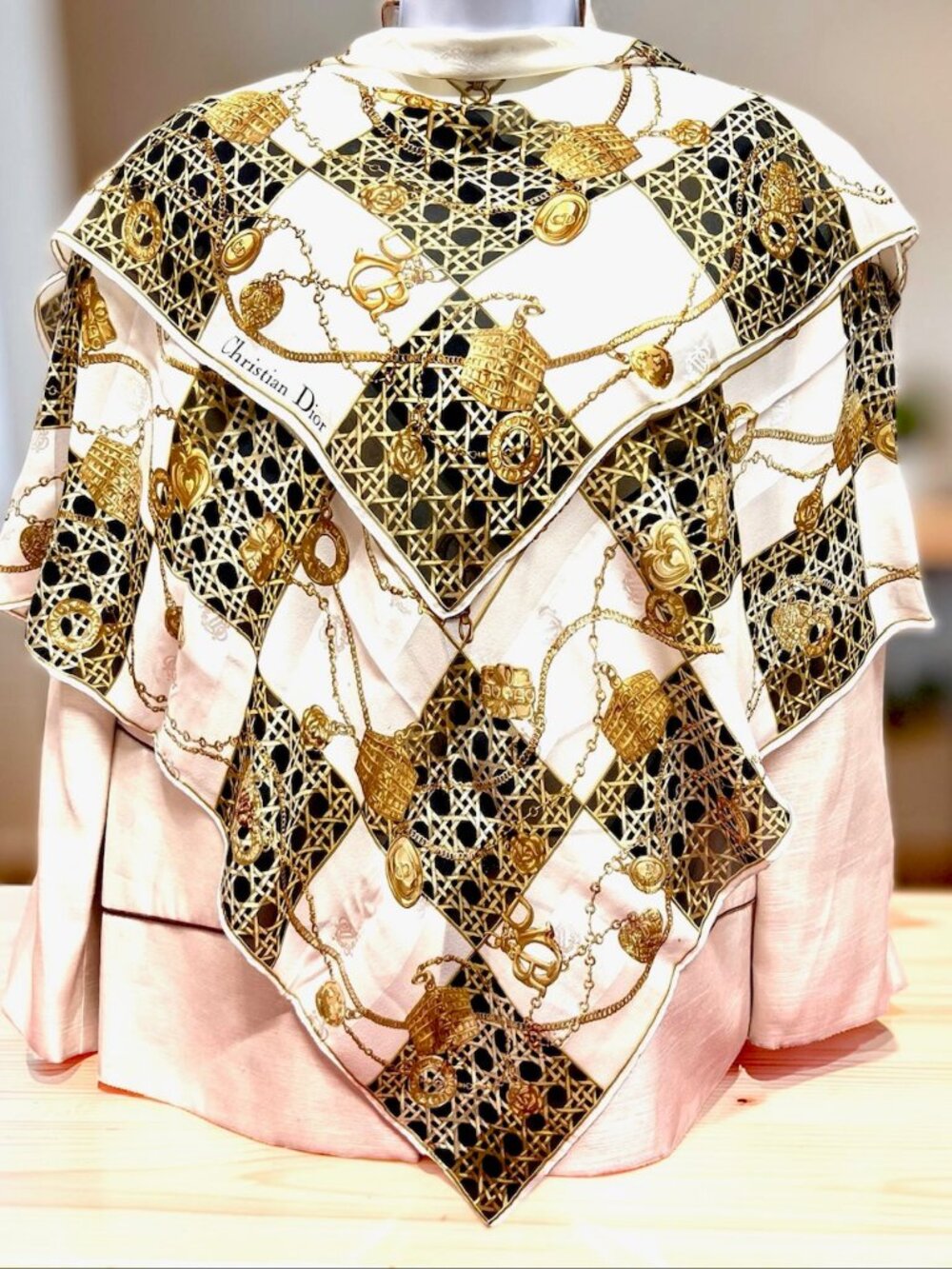 Christian Dior Silk Chiffon/SatinScarf  34"  Ivery Gold Black  geometric  (33